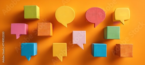 Vibrant speech bubbles and cubes create a dynamic visual for communication ideas and teamwork concepts