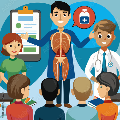 Medical instructor teaching anatomy to a group of interns