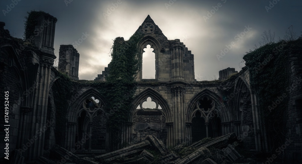 Obraz premium Overgrown stone ruins feature gothic arches and tall columns against a gloomy sky Crumbling walls and scattered debris complete the desolate scene