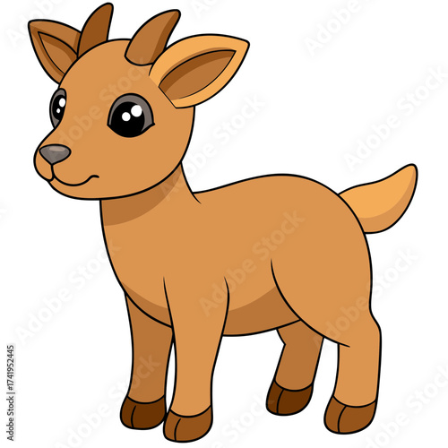 Cartoon-style baby goat with brown fur isolated on white