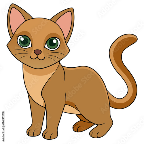 Cute cartoon cat with green eyes standing isolated