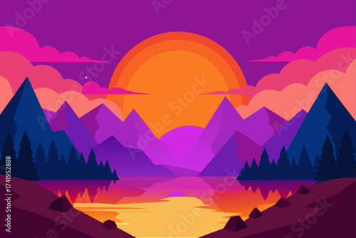 Landscape view of mountains and sun reflecting water