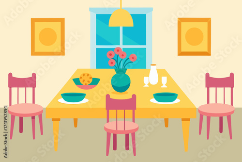 A dining room with table chairs and decorations