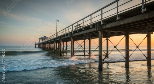 Wallpaper Mural Wooden pier extends over the ocean with gentle waves under a warm, glowing sky Torontodigital.ca