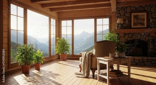 Rustic room with large windows showcasing a mountain view wooden interior stone fireplace armchair side table and potted plants in sunlight
