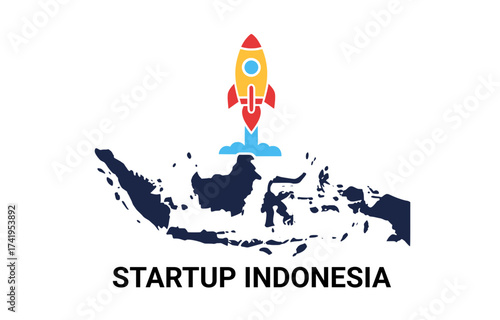 Indonesia's startup boom a rocket launches from the nation's map, symbolizing rapid innovation and economic growth