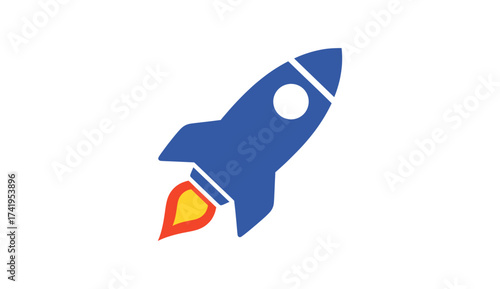 Dynamic blue rocket launching skyward with vibrant orange and yellow flames, symbolizing innovative startup success, rapid progress, and powerful technological acceleration towards future goals