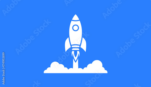 Dynamic white rocket launching into the sky, symbolizing a rapid start-up, innovation, and accelerated business growth against a vibrant blue background