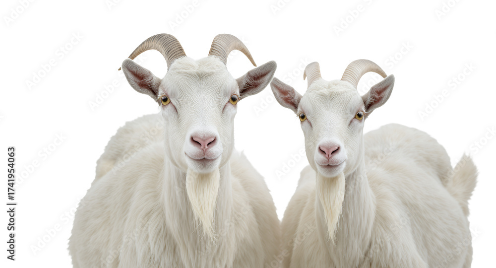 Obraz premium Two White Goats Facing Forward on a White Background
