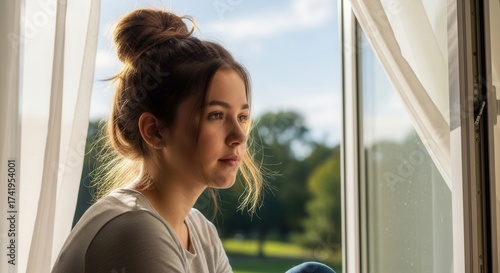 Young woman looking out a sunlit window with her hair in a bun curtains framing the view of green trees and a blue sky outside