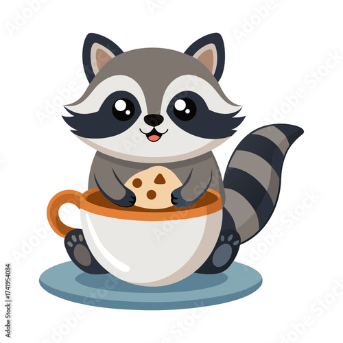 cute raccoon sitting in a tea cup with a cookie
