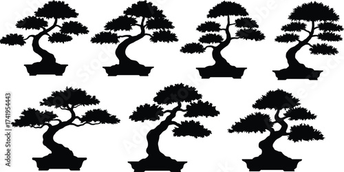 Set of bonsai tree silhouette illustration, traditional Japanese art, miniature decorative plant design, black shadow, zen garden natural decoration