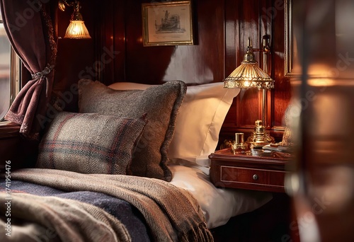 Luxurious vintage train sleeper cabin offers cozy comfort with warm lighting and plush bedding for ultimate relaxation