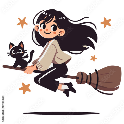 Flat Illustration of a Young Woman Riding a Flying Broom with a Cat on a White Background