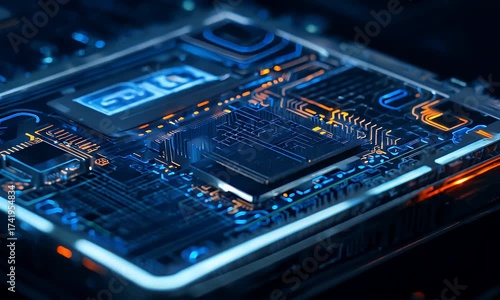 close closeup motherboard circuitry semiconductor led circuit silicon light processor electronic chip computer blue integrated orange surface microchip hardware miniaturisation lights technology