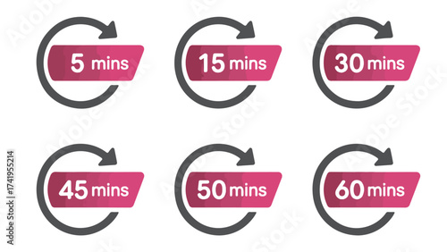 Set of timer icons with different minutes flat vector design element for time management and productivity isolated on white background