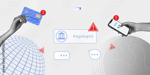 A trendy halftone collage. Payment fraud warning. Credit card and mobile device security. Concept of fraud, phishing, and cyber threats in financial transactions.
