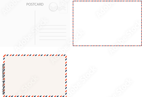 Travel card design template postcard retro background with grids, stamp. Mail, vintage letter design.retro border envelope with stripes. Paper texture, vintage mail. Air post letter. 