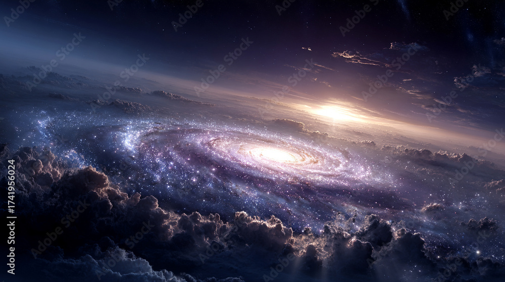 Naklejka premium Stunning spiral galaxy in a dreamy cosmic landscape, featuring stars, nebulae, and fantasy universe elements. Perfect for space, astronomy, or sci-fi concepts.
