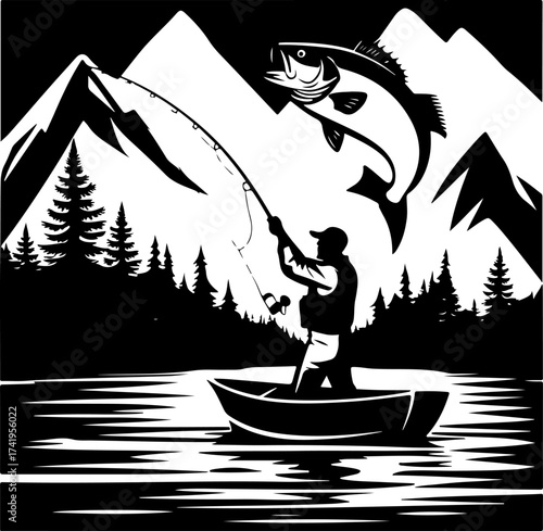 Fisherman Catching Big Fish in Mountain Lake Silhouette