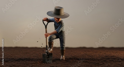 Miniature farmer in a wide-brimmed hat diligently digging with a shovel in rich brown soil, embodying hard work and rural life on a small scale