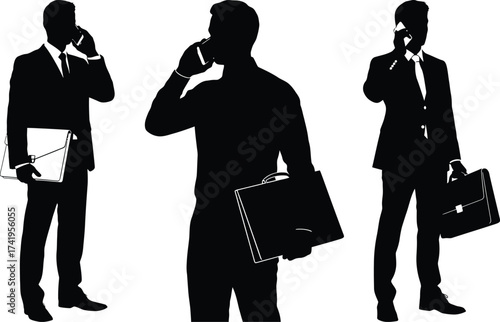 Business casual male silhouettes talking on phones holding briefcases professionalism and communication