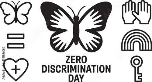 Zero Discrimination Day social media banner design template, butterfly, hands, equal sign, rainbow, heart, key symbol icon set