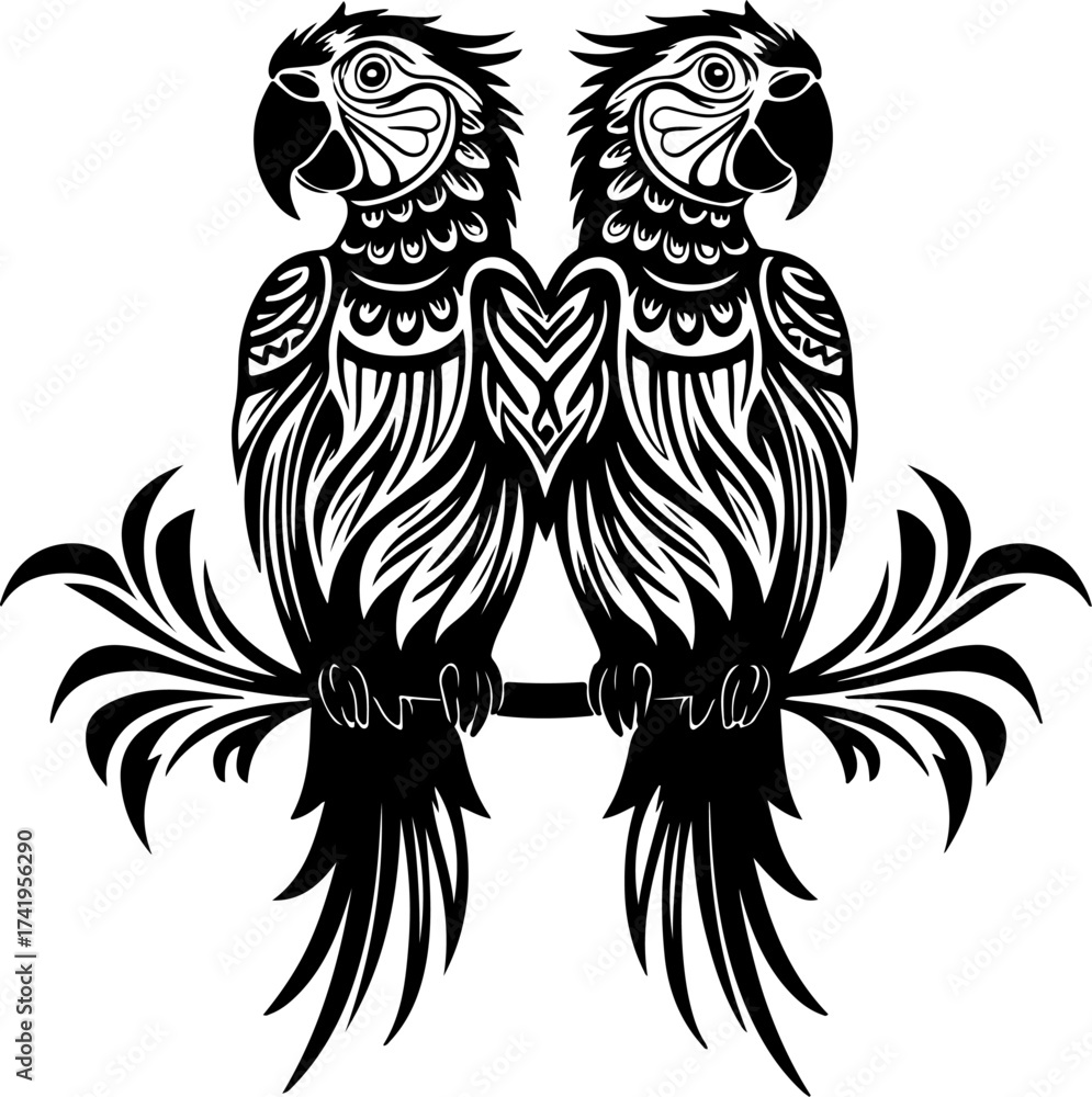 Obraz premium Parrot Silhouette on Branch with Leaves Vector