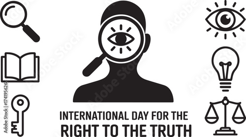 International Day for Right to Truth design with person icon under magnifying glass and other symbols