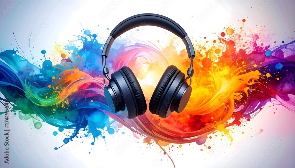 Fototapeta premium Over-ear headphones with a colorful splash effect