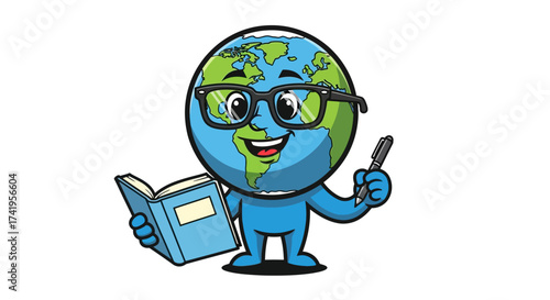 Cartoon Globe Character Reading a Book and Holding a Pen Illustrating Global Learning and Knowledge