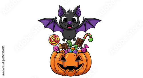 Cute cartoon bat with pumpkin full of Halloween candy illustration for spooky season themes