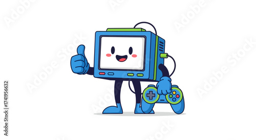 Cheerful retro television character giving a thumbs up while holding a game controller