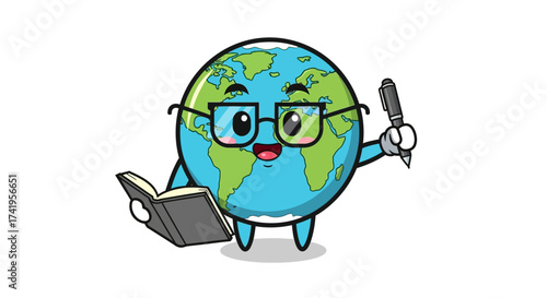 Cartoon Earth Character Reading Book and Holding Pen, Promoting Global Education and Knowledge