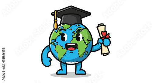 Cartoon illustration of earth globe graduation with diploma symbolizes global education
