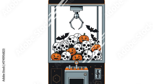 Spooky Claw Machine Filled with Skulls Pumpkins and Bats Illustration for Halloween design