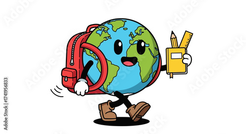Happy globe character with backpack ready for school and learning worldwide education