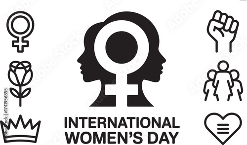 International Women's Day concept: female symbols, empowerment, rose, crown, heart, diverse community