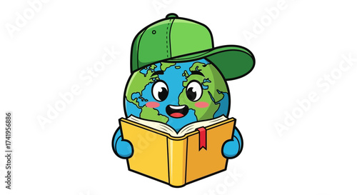 Cartoon globe character reading a book wearing a cap promoting learning and education about the