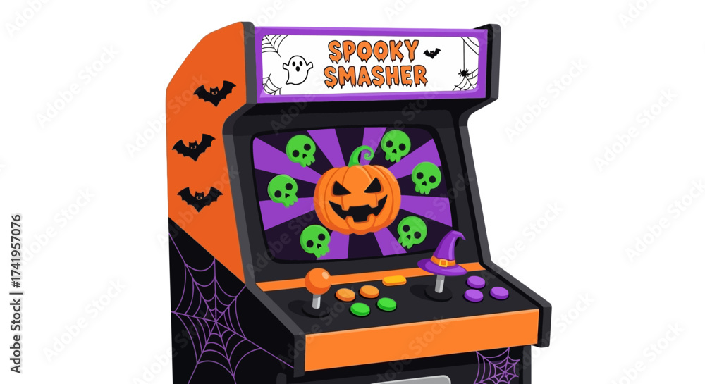 Obraz premium Retro Spooky Smasher Arcade Game Machine with Pumpkin and Skull Graphics for Halloween
