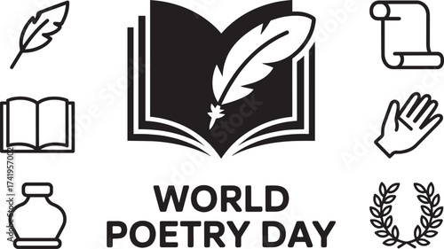 World Poetry Day book with feather, scroll, inkwell, hand, laurel wreath symbols