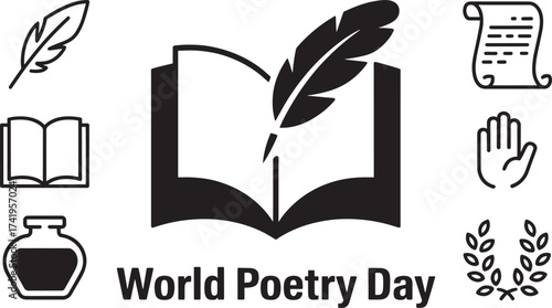 World Poetry Day vector illustration, literary celebration, quill, book, ink, ancient scrolls, hand, laurel wreath