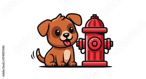 Cartoon dog character sitting next to a red fire hydrant illustration art design