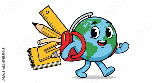 Cute cartoon earth globe character with backpack, books and school supplies walking to school