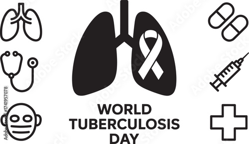 World Tuberculosis Day vector, lung health, medical symbols, stethoscope, pills, syringe, human head, cross