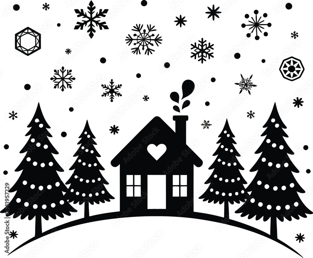 Obraz premium Winter landscape with house trees and snowflakes on transparent background silhouette