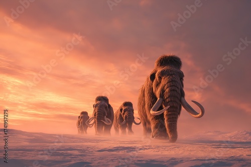 Majestic woolly mammoths traverse a serene snow-covered landscape at sunset