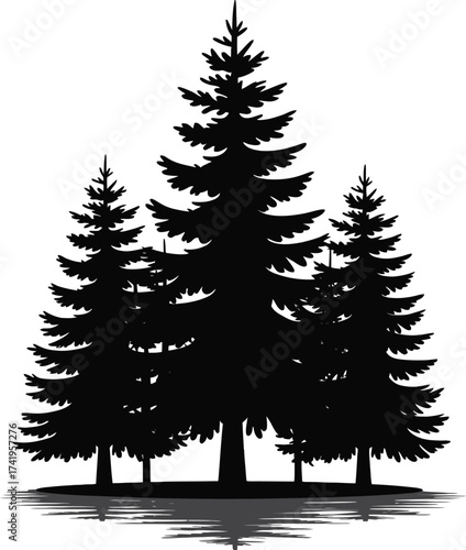 Black pine tree cluster graphic design element on transparent background silhouette