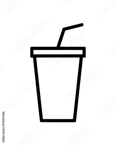 Disposable beverage cup with lid and bent straw in minimalistic black line drawing style