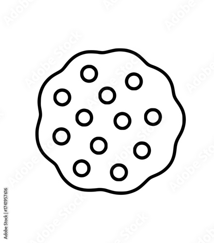 Minimalistic black outline illustration of a chocolate chip cookie